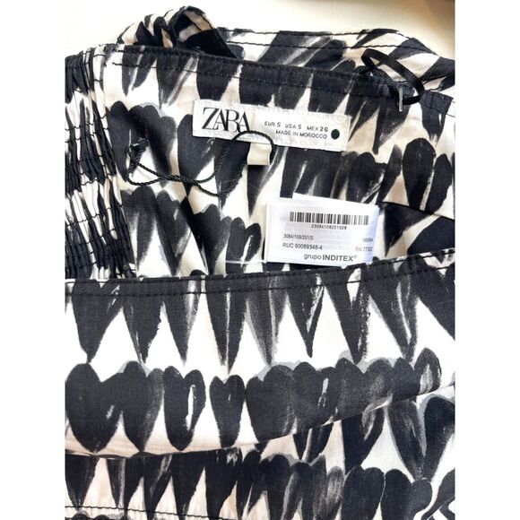 NWT ZARA Crop Top Sz S  Hearts Black White Smocked Bow Tie Shoulder Straps - Picture 4 of 8